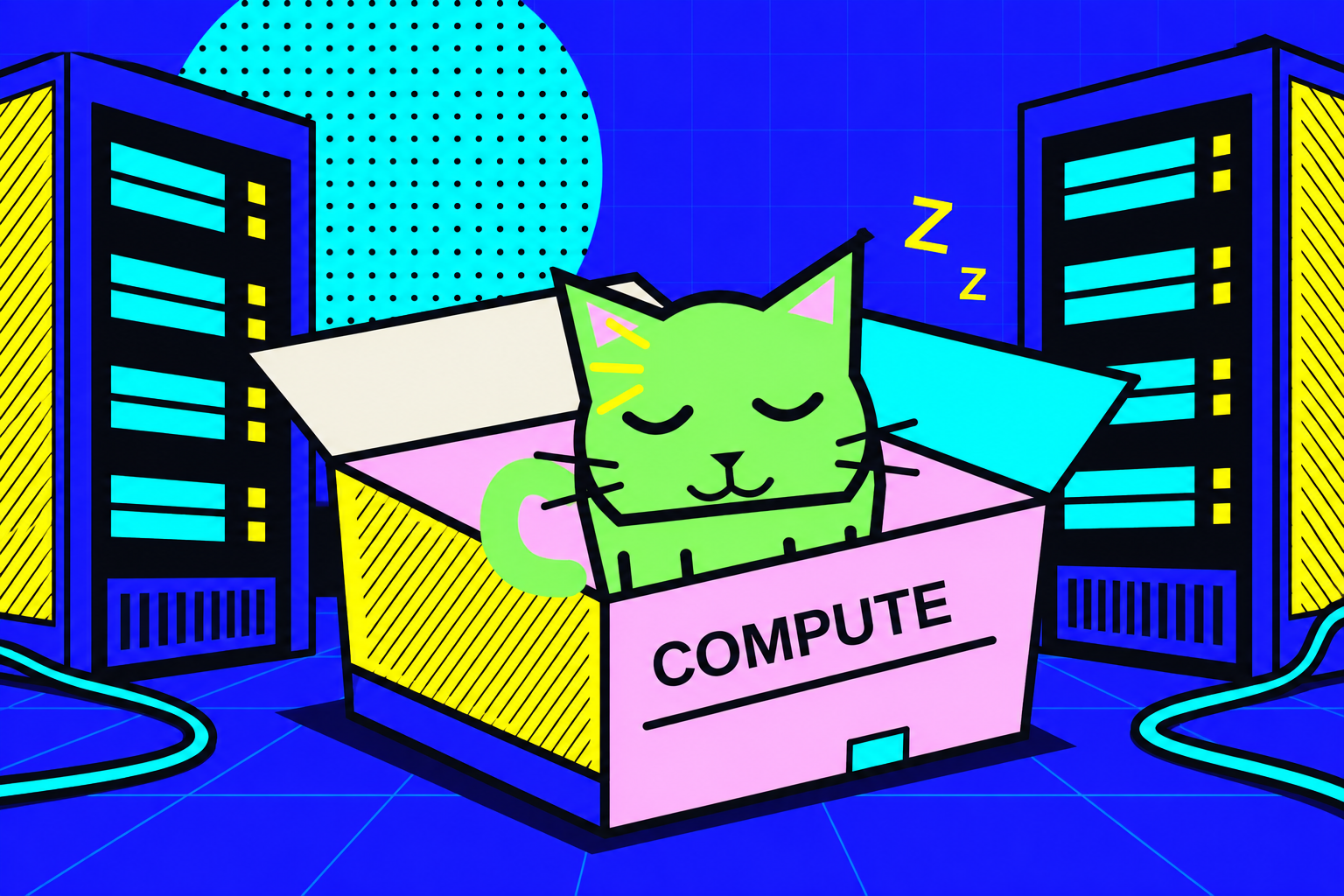 NVIDIA Cat sleeps in a COMPUTE box between two server towers during the night shift.